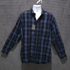 Long Sleeve Button Dress Shirt Mens Lg NWT Blue Black Plaid Collared Lightweight